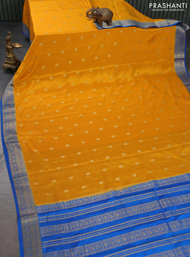 Pure mysore silk saree mango yellow and cs blue with allover zari woven annam buttas and zari woven border