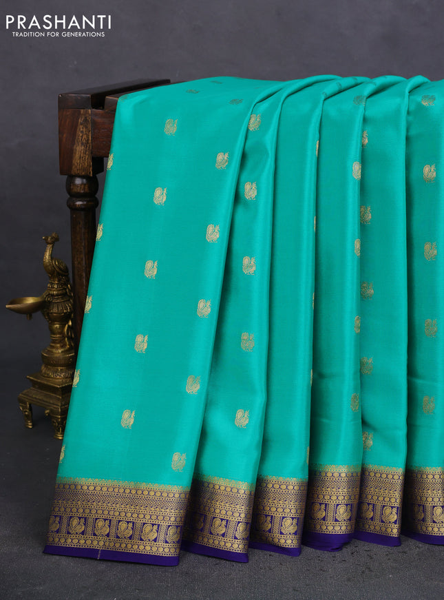 Pure mysore silk saree teal green and blue with allover zari woven annam buttas and zari woven border