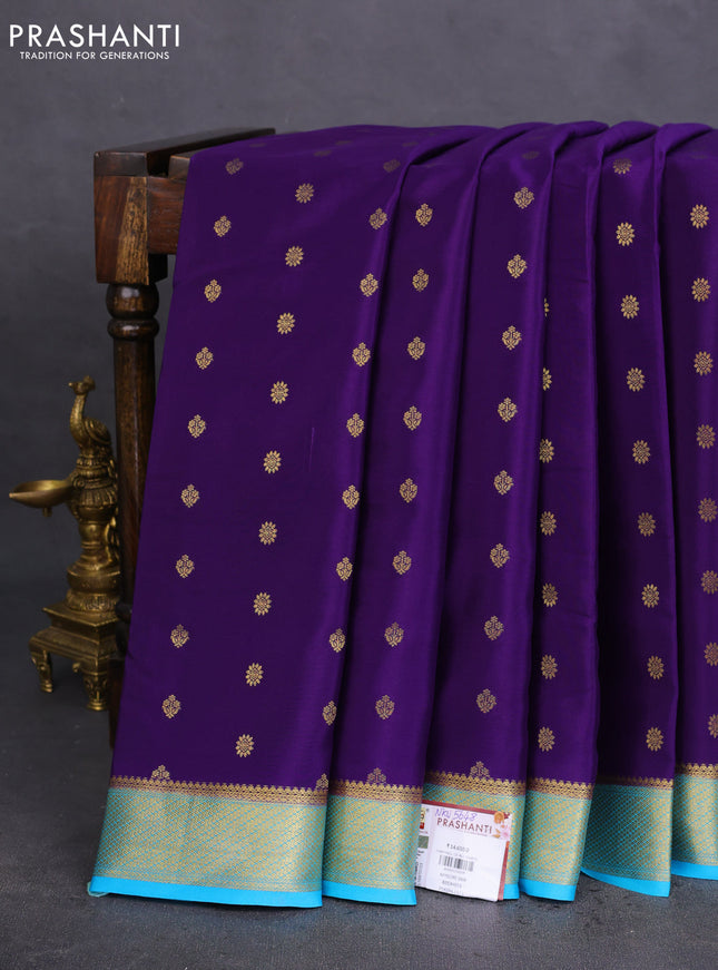 Pure mysore silk saree violet and light blue with allover zari woven buttas and zari woven border