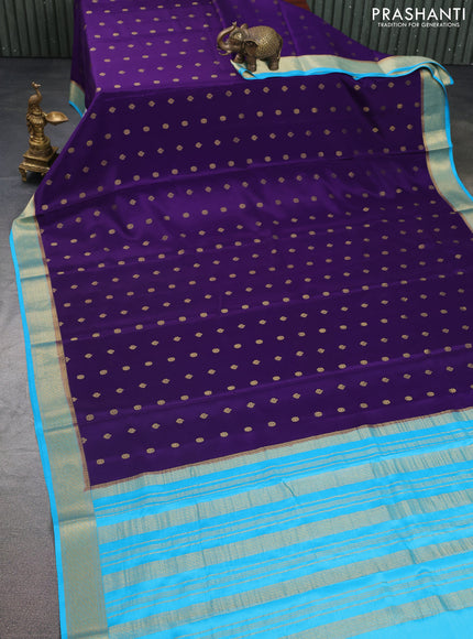 Pure mysore silk saree violet and light blue with allover zari woven buttas and zari woven border