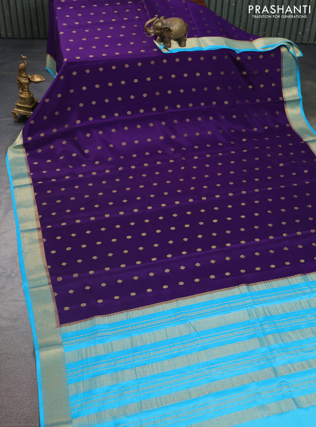 Pure mysore silk saree violet and light blue with allover zari woven buttas and zari woven border