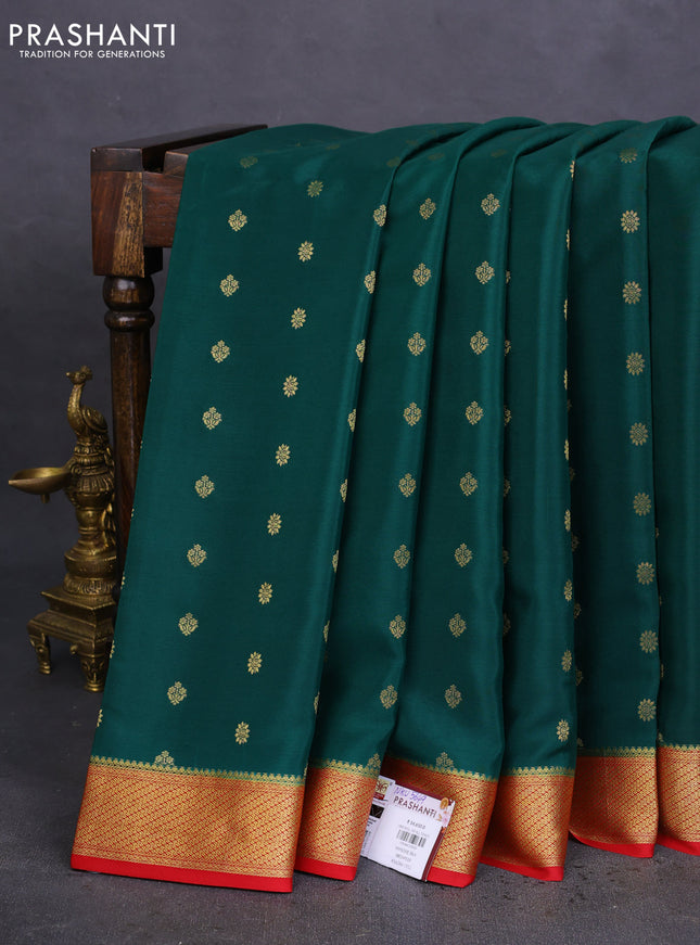 Pure mysore silk saree dark green and red with allover zari woven buttas and zari woven border