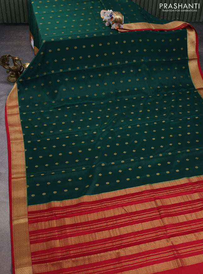Pure mysore silk saree dark green and red with allover zari woven buttas and zari woven border