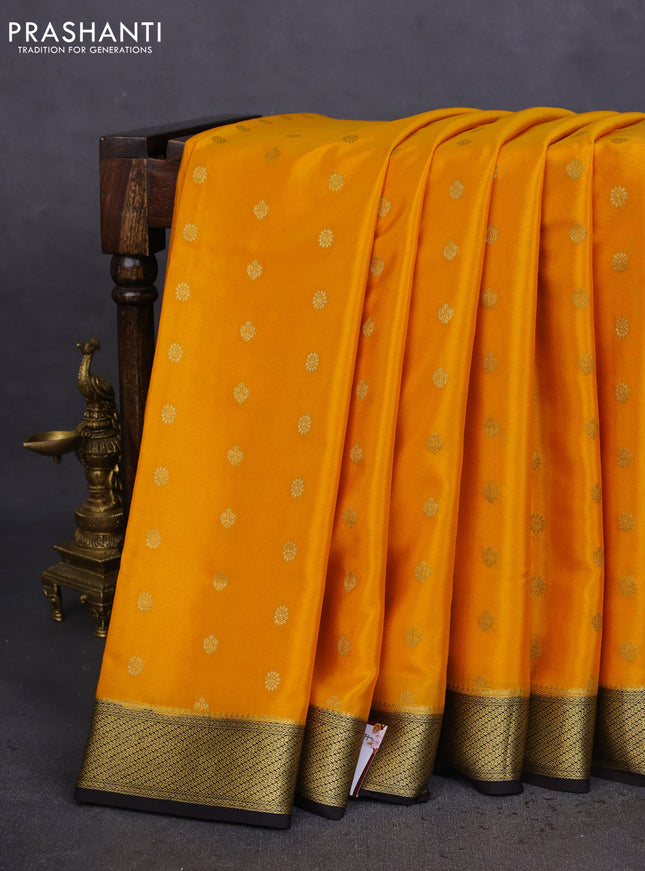 Pure mysore silk saree mustard yellow and black with allover zari woven buttas and zari woven border