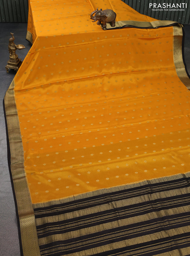 Pure mysore silk saree mustard yellow and black with allover zari woven buttas and zari woven border