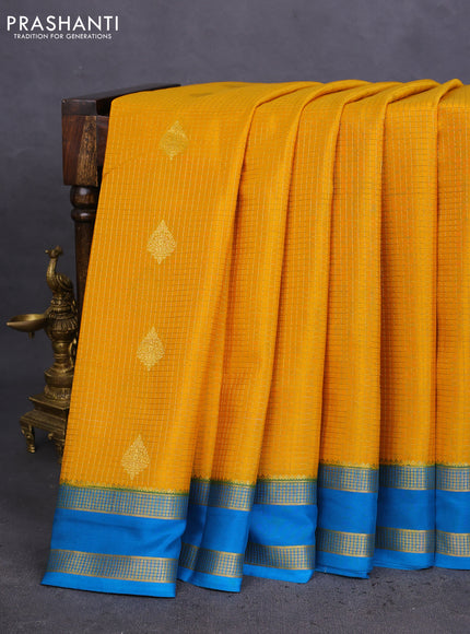 Pure mysore silk saree mustard yellow and cs blue with allover zari checks & buttas and rettapet zari woven border