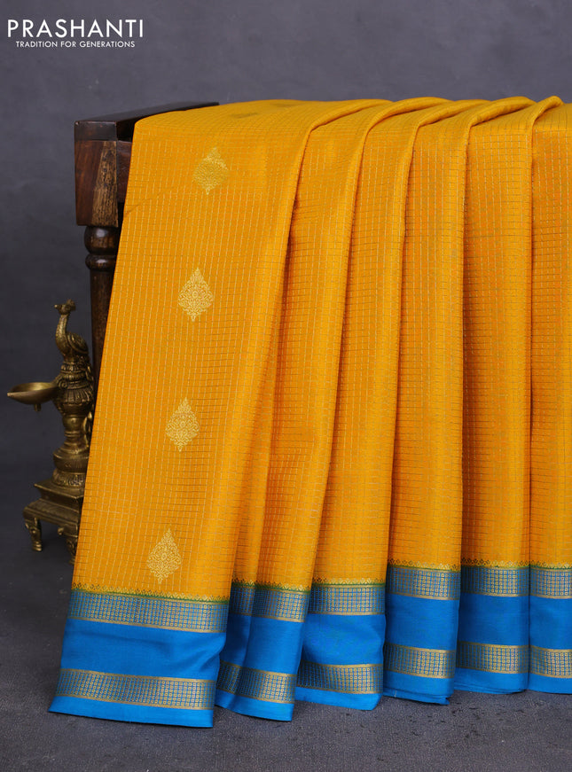 Pure mysore silk saree mustard yellow and cs blue with allover zari checks & buttas and rettapet zari woven border