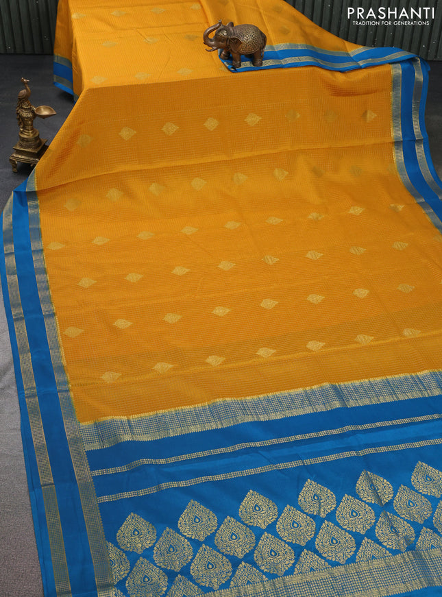 Pure mysore silk saree mustard yellow and cs blue with allover zari checks & buttas and rettapet zari woven border