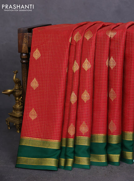 Pure mysore silk saree maroon and green with allover zari checks & buttas and rettapet zari woven border