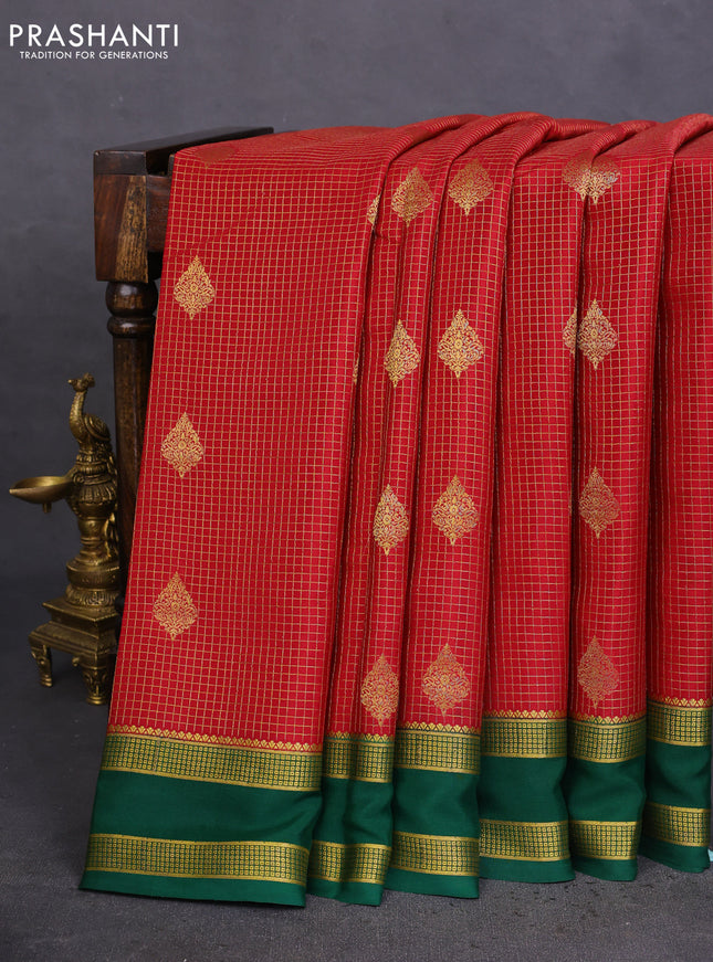 Pure mysore silk saree maroon and green with allover zari checks & buttas and rettapet zari woven border