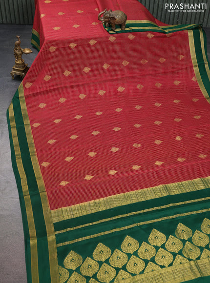 Pure mysore silk saree maroon and green with allover zari checks & buttas and rettapet zari woven border