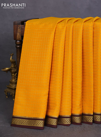 Pure mysore silk saree mustard yellow and coffee brown with allover zari checked pattern and zari woven border