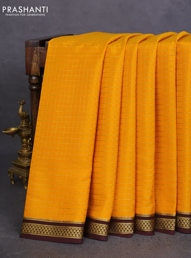 Pure mysore silk saree mustard yellow and coffee brown with allover zari checked pattern and zari woven border