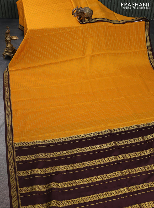 Pure mysore silk saree mustard yellow and coffee brown with allover zari checked pattern and zari woven border