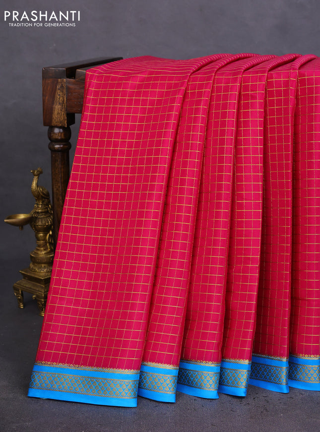 Pure mysore silk saree pink and blue with allover zari checked pattern and zari woven border
