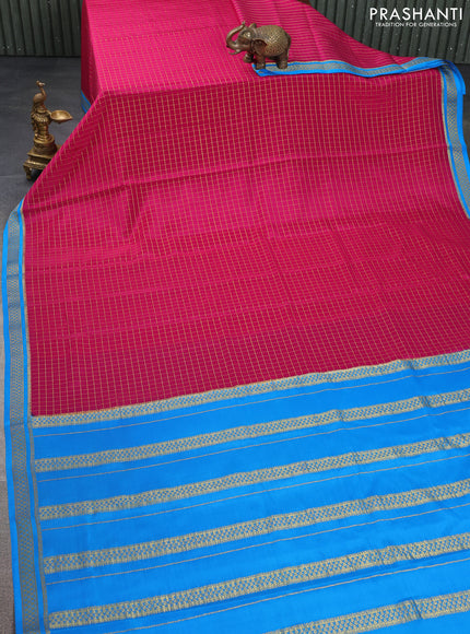 Pure mysore silk saree pink and blue with allover zari checked pattern and zari woven border