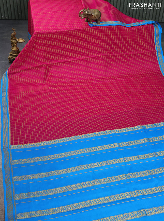 Pure mysore silk saree pink and blue with allover zari checked pattern and zari woven border