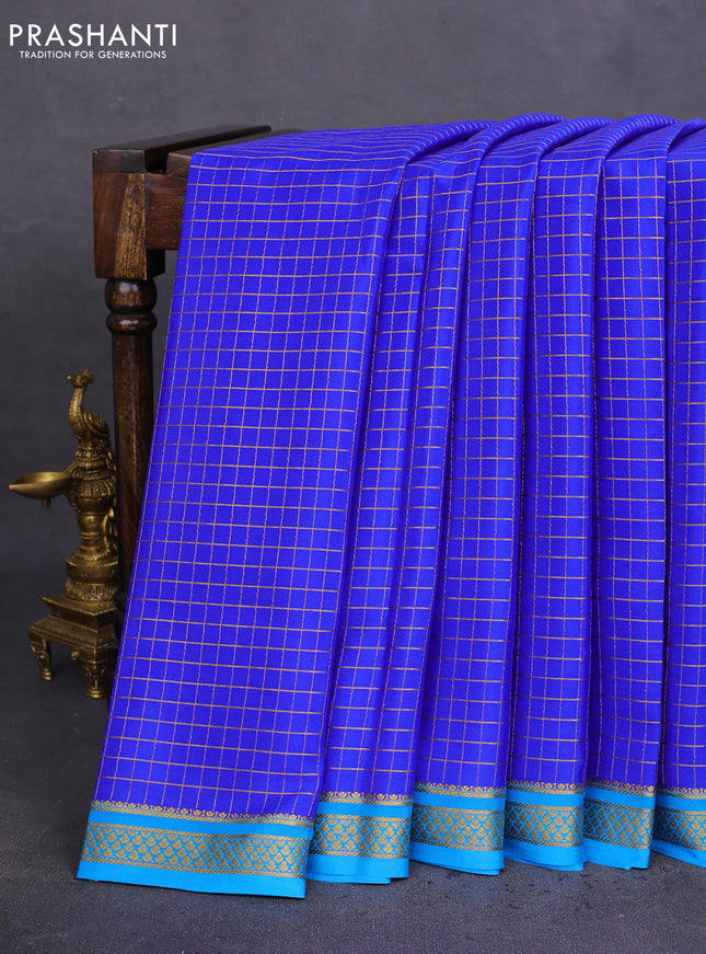 Pure mysore silk saree royal blue and blue with allover zari checked pattern and zari woven border