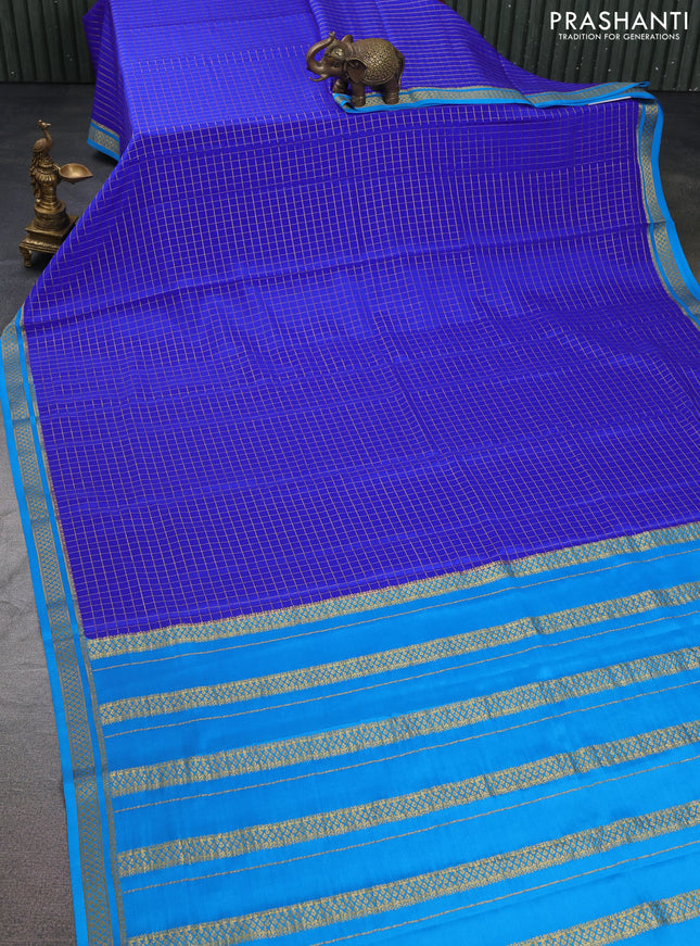 Pure mysore silk saree royal blue and blue with allover zari checked pattern and zari woven border