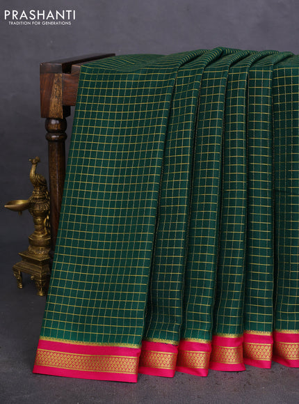 Pure mysore silk saree dark green and pink with allover zari checked pattern and zari woven border