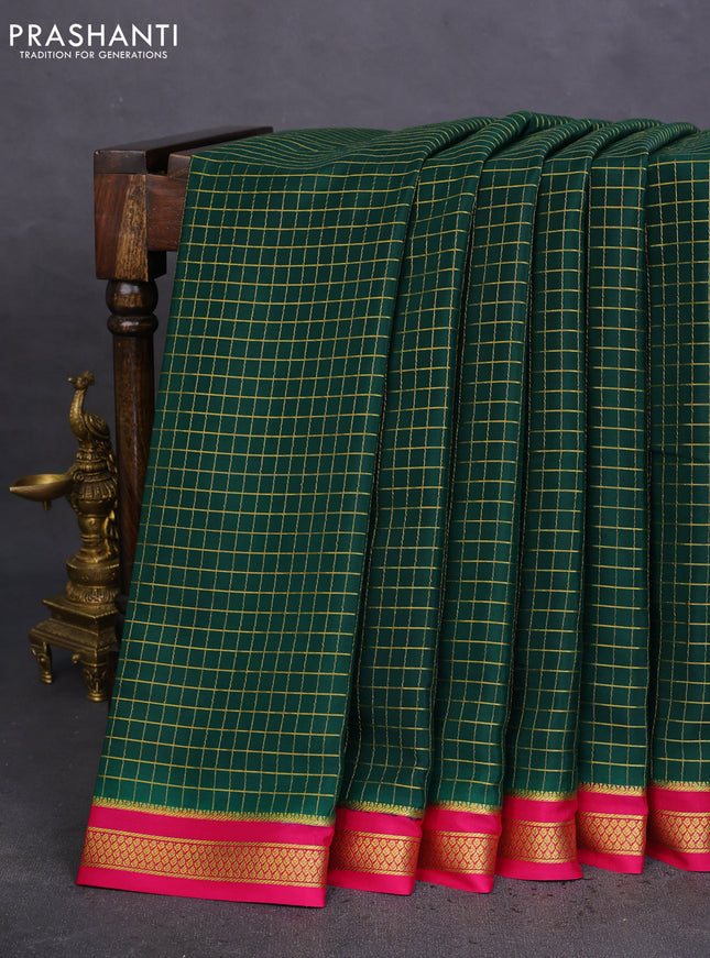 Pure mysore silk saree dark green and pink with allover zari checked pattern and zari woven border