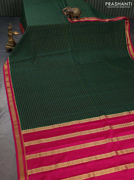 Pure mysore silk saree dark green and pink with allover zari checked pattern and zari woven border