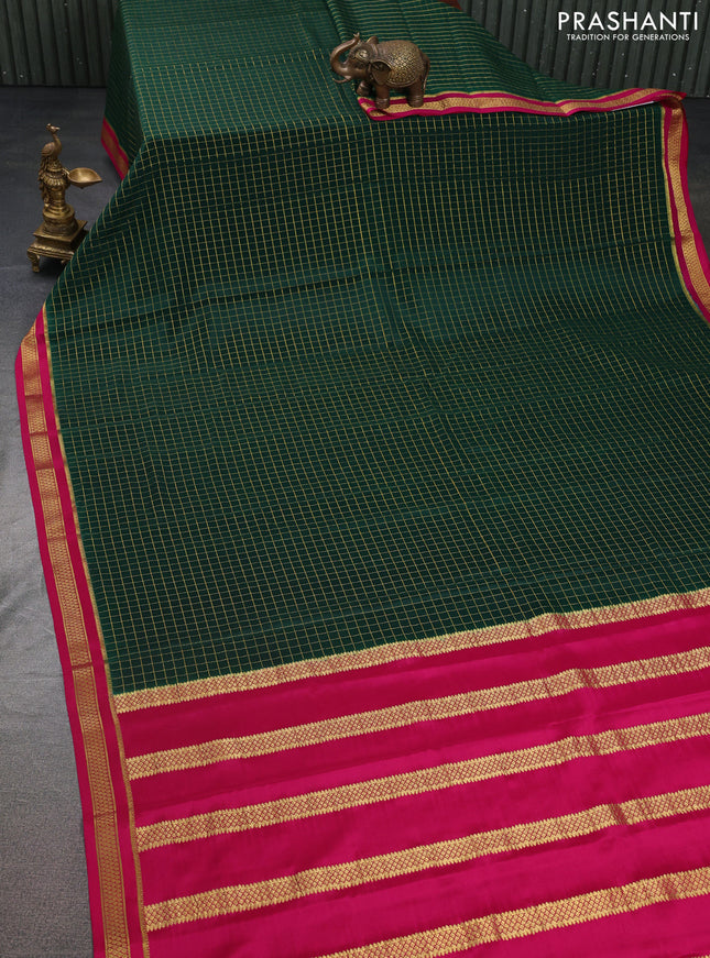 Pure mysore silk saree dark green and pink with allover zari checked pattern and zari woven border