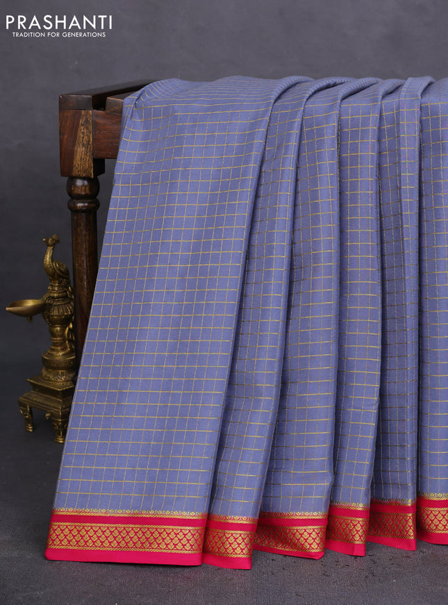 Pure mysore silk saree grey and pink with allover zari checked pattern and zari woven border
