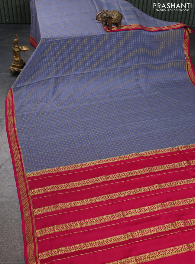 Pure mysore silk saree grey and pink with allover zari checked pattern and zari woven border