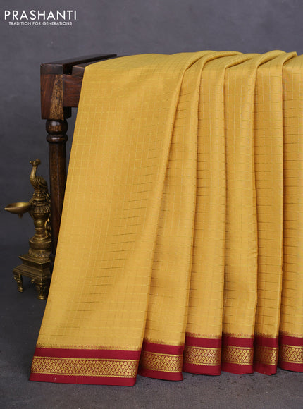 Pure mysore silk saree yellow shade and maroon with allover zari checked pattern and zari woven border