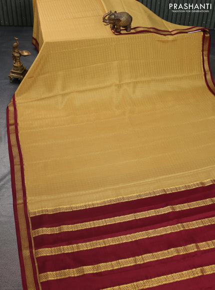 Pure mysore silk saree yellow shade and maroon with allover zari checked pattern and zari woven border