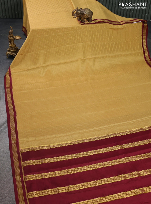 Pure mysore silk saree yellow shade and maroon with allover zari checked pattern and zari woven border