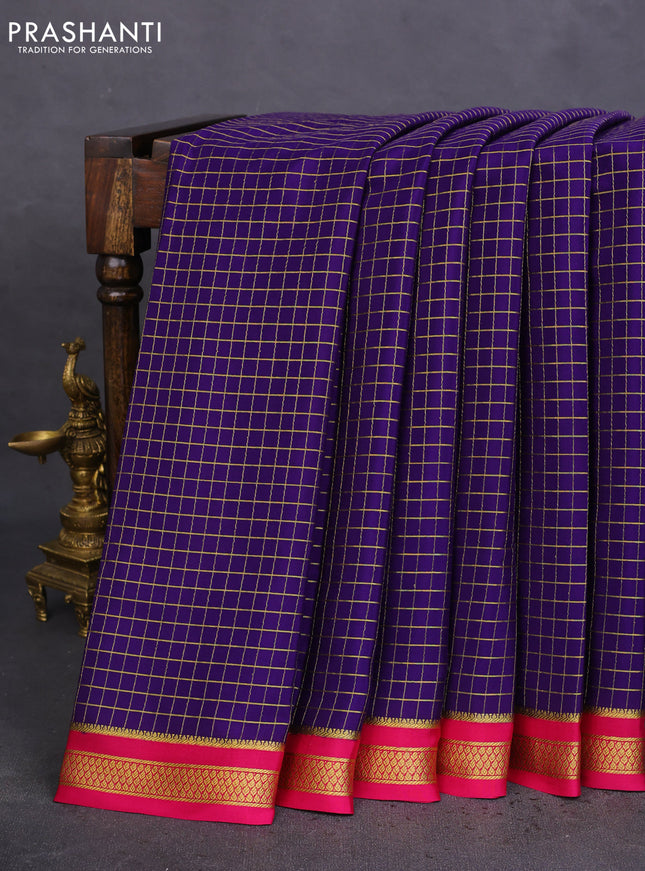 Pure mysore silk saree violet and pink with allover zari checked pattern and zari woven border
