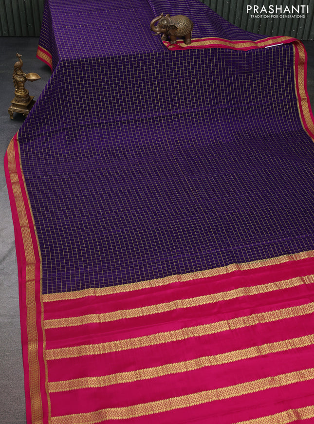 Pure mysore silk saree violet and pink with allover zari checked pattern and zari woven border