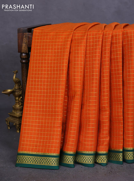 Pure mysore silk saree orange and green with allover zari checked pattern and zari woven border