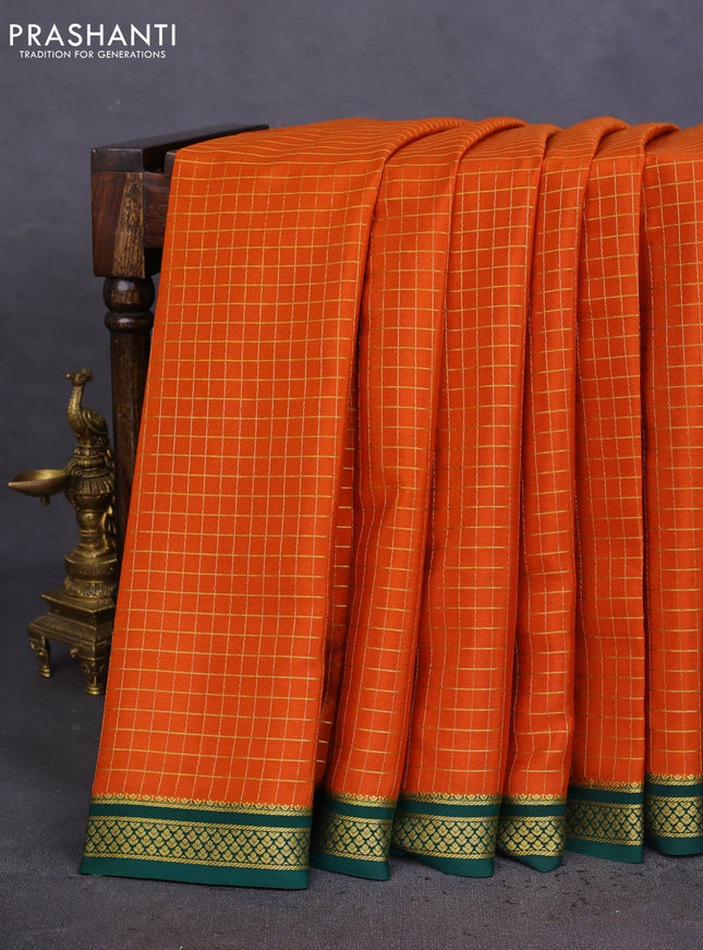 Pure mysore silk saree orange and green with allover zari checked pattern and zari woven border