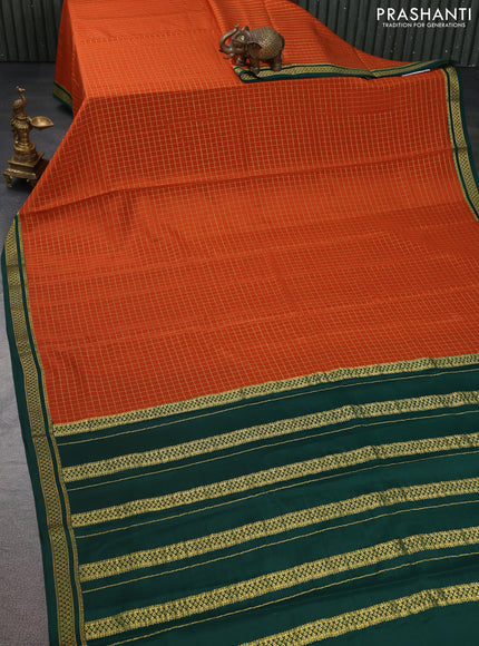 Pure mysore silk saree orange and green with allover zari checked pattern and zari woven border