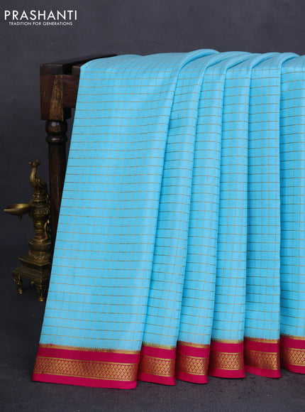 Pure mysore silk saree light blue and pink with allover zari checked pattern and zari woven border