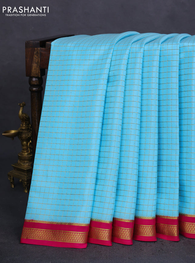 Pure mysore silk saree light blue and pink with allover zari checked pattern and zari woven border