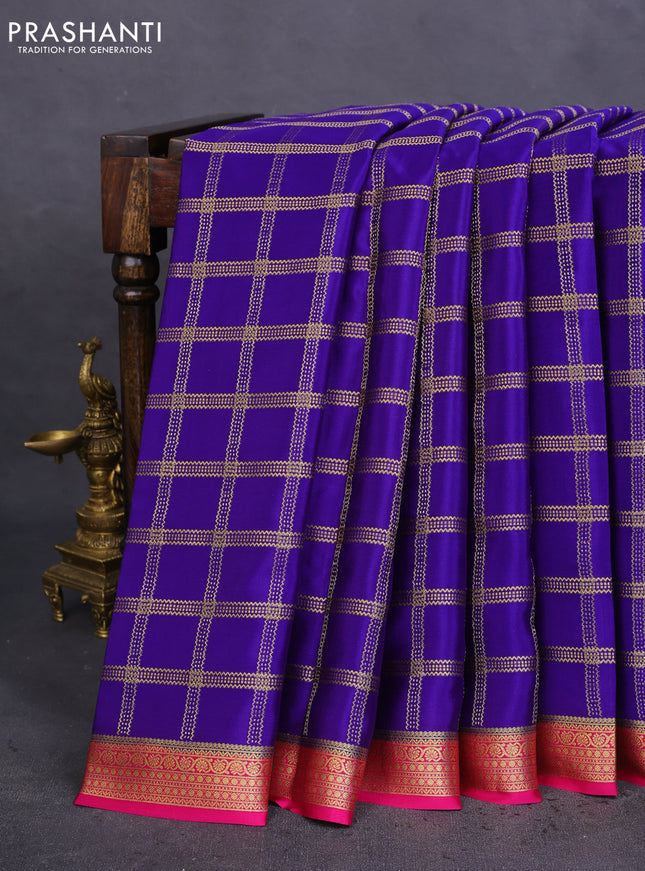 Pure mysore silk saree blue and pink with allover zari checked pattern and zari woven border