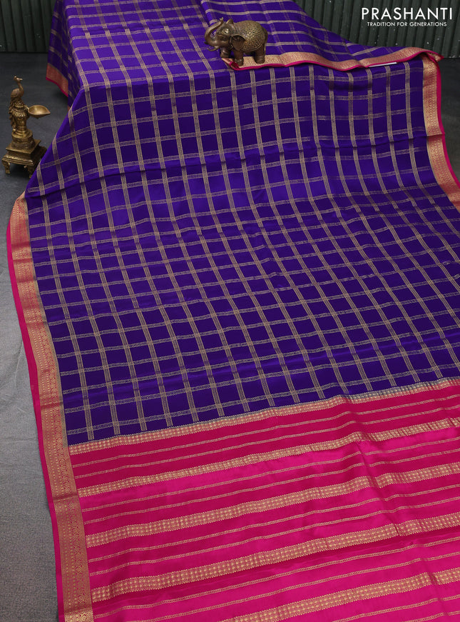 Pure mysore silk saree blue and pink with allover zari checked pattern and zari woven border