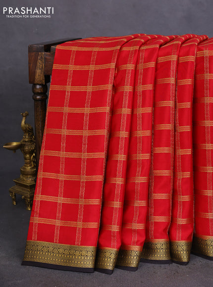 Pure mysore silk saree red and coffee brown with allover zari checked pattern and zari woven border