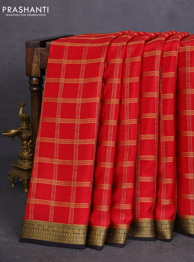 Pure mysore silk saree red and coffee brown with allover zari checked pattern and zari woven border