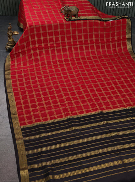 Pure mysore silk saree red and coffee brown with allover zari checked pattern and zari woven border