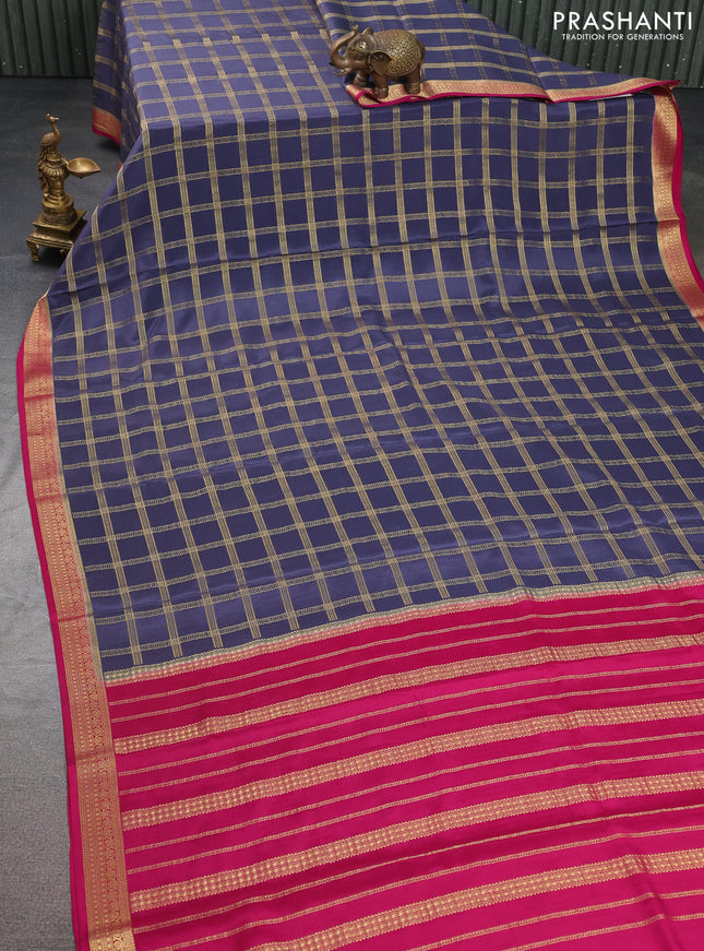 Pure mysore silk saree blue shade and pink with allover zari checked pattern and zari woven border