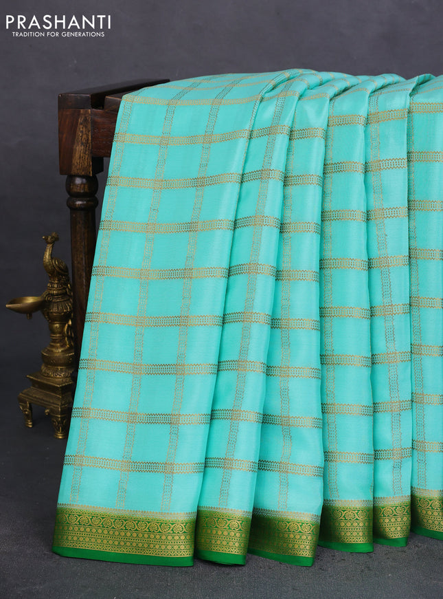 Pure mysore silk saree teal blue and green with allover zari checked pattern and zari woven border