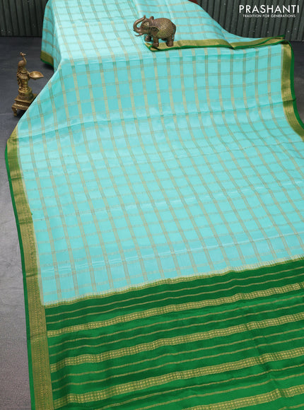 Pure mysore silk saree teal blue and green with allover zari checked pattern and zari woven border