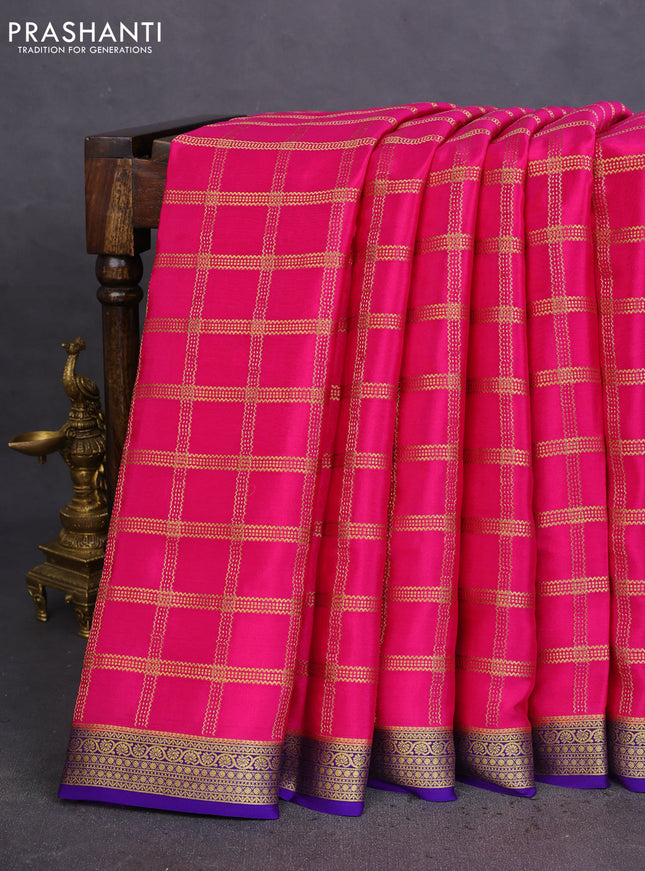 Pure mysore silk saree pink and violet with allover zari checked pattern and zari woven border
