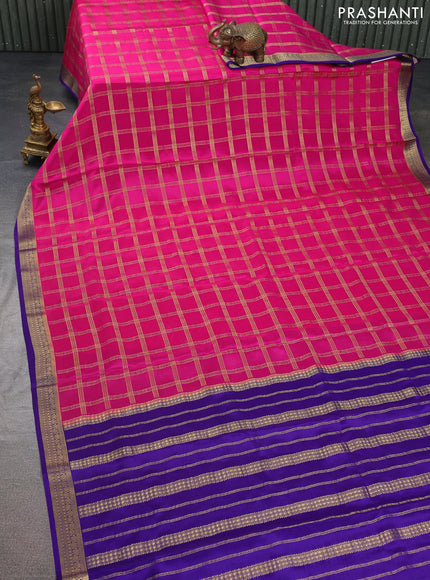 Pure mysore silk saree pink and violet with allover zari checked pattern and zari woven border