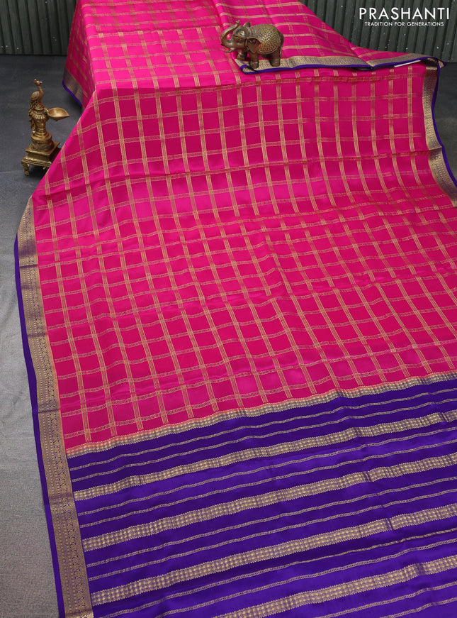 Pure mysore silk saree pink and violet with allover zari checked pattern and zari woven border